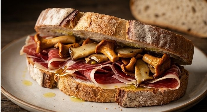 Bocadillo de jamón ibérico y setas: receta fácil con toque gourmet