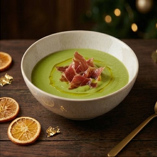Receta navideña: crema de guisantes y espinacas con jamón ibérico