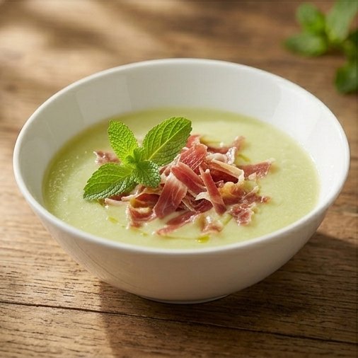 Sopa fría de melón con menta y virutas de jamón ibérico